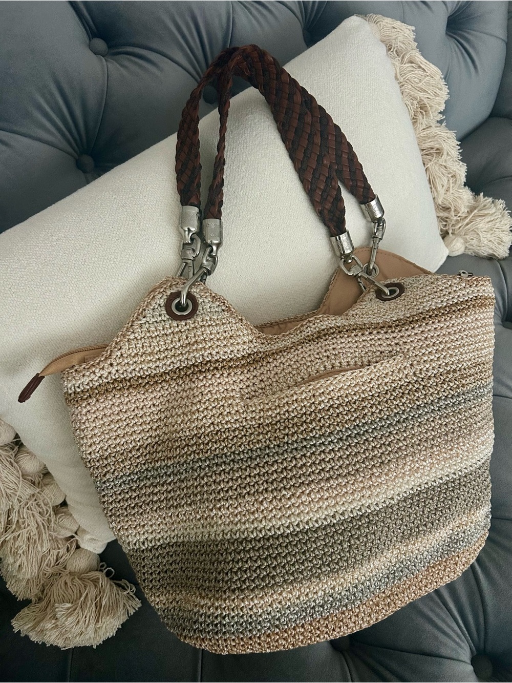 The Sak NEW!!!! Indio Crochet Satchel, Sand Stripe NWOT!!!!! - Picture 3 of 9